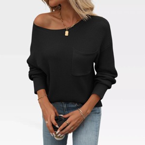 Womens Loose Fit Pullover Sweater Long Sleeve Round Neck Lightweight Pullovers Crop Rib Knit Tops Lounge Outfits Off Shoulder Knitwear - 1 of 4
