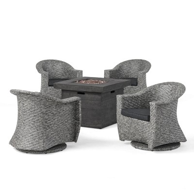 Christopher Knight Home Savoy Outdoor Wicker 5 Piece Swivel Club Chair and Fire Pit Set