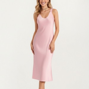 Anna-Kaci Lounge Women's Satin Midi Slip Dress with Wide Shoulder Straps and Smooth Sculpted Silhouette for a Polished Minimal Look - 1 of 4
