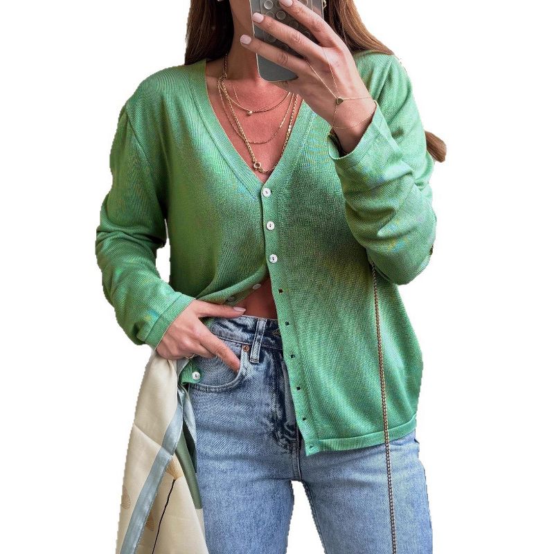 Women's Lightweight V Neck Button Knit Cardigan, Long Sleeve Casual Sweater Blouse Light green,L
