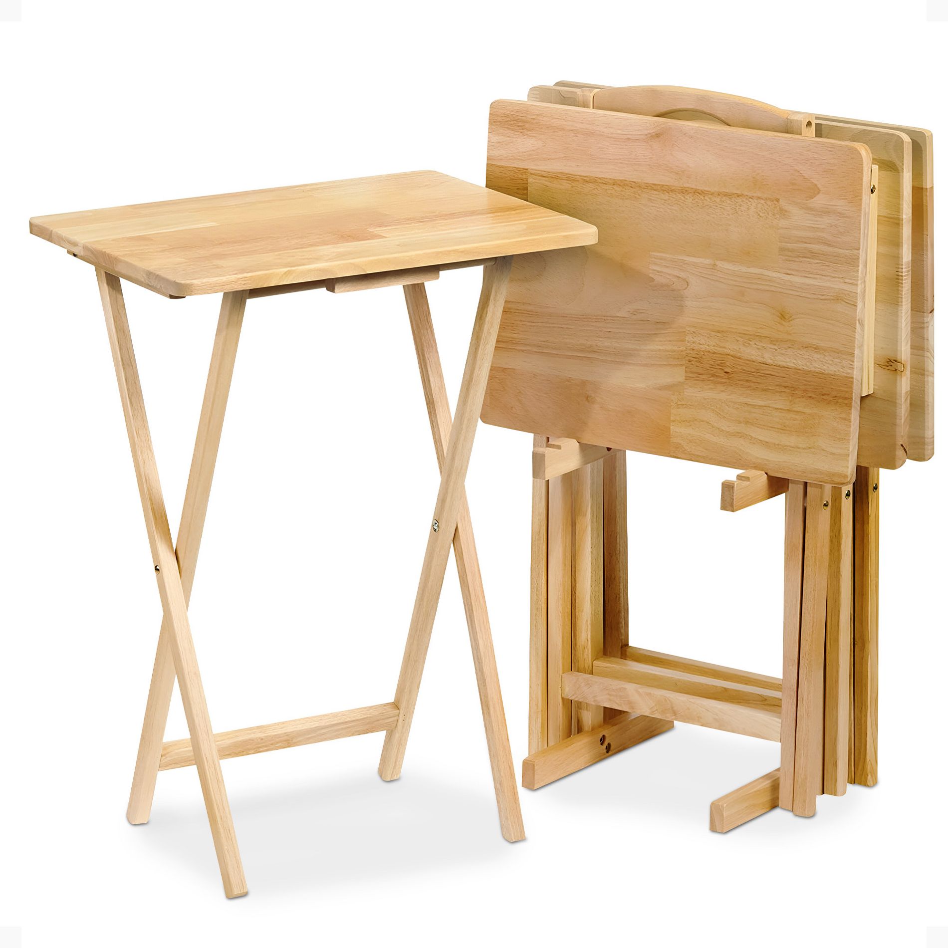 PJ Wood Lightweight Rectangle Folding TV Snack Tray Tables with Compact Storage Rack, Solid Wood Construction, Natural, (2 Piece Set)