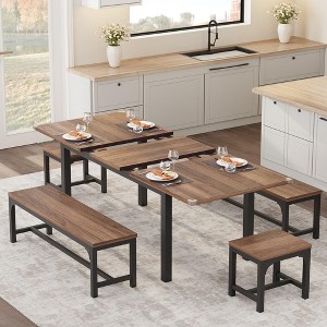 5-Piece Dining Table Set for 4-8 People 63'' Extendable Kitchen Table Set With 2 Benches and 2 Square Stools, Walnut Dining Room Table Set - 1 of 4