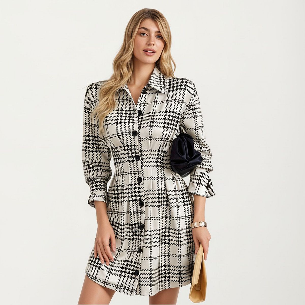 Anna-Kaci Women's Plaid Long Sleeve Shirt Dress with Button Front and Waist Seaming - thumbnail 2