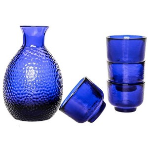 Slickblue Exquisite 5-Piece Handblown Sake Set: Jug and 4 Tumblers - Blue/Clear - 1 of 4