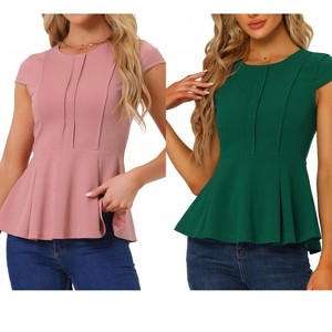 INSPIRE CHIC Women's Elegant Round Neck Cap Sleeve Solid Color Peplum Blouses 2 Packs - 1 of 4
