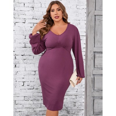 Women's Plus Size Rib Knit Lantern Long Sleeves V Neck Midi Dress
