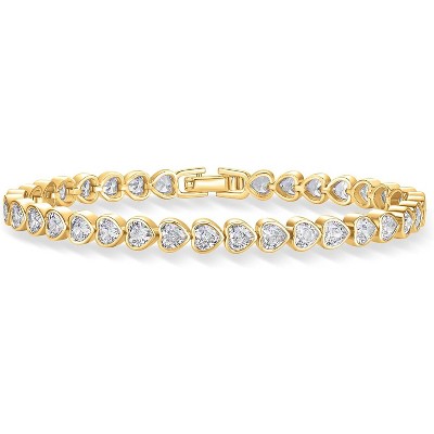 14K-18K Gold Plated Simulated Diamonds Bezel Set Tennis - Round Pear Heart Statement Bride Gold Bracelet Stack - Sizes 6.5-7.5 Inch