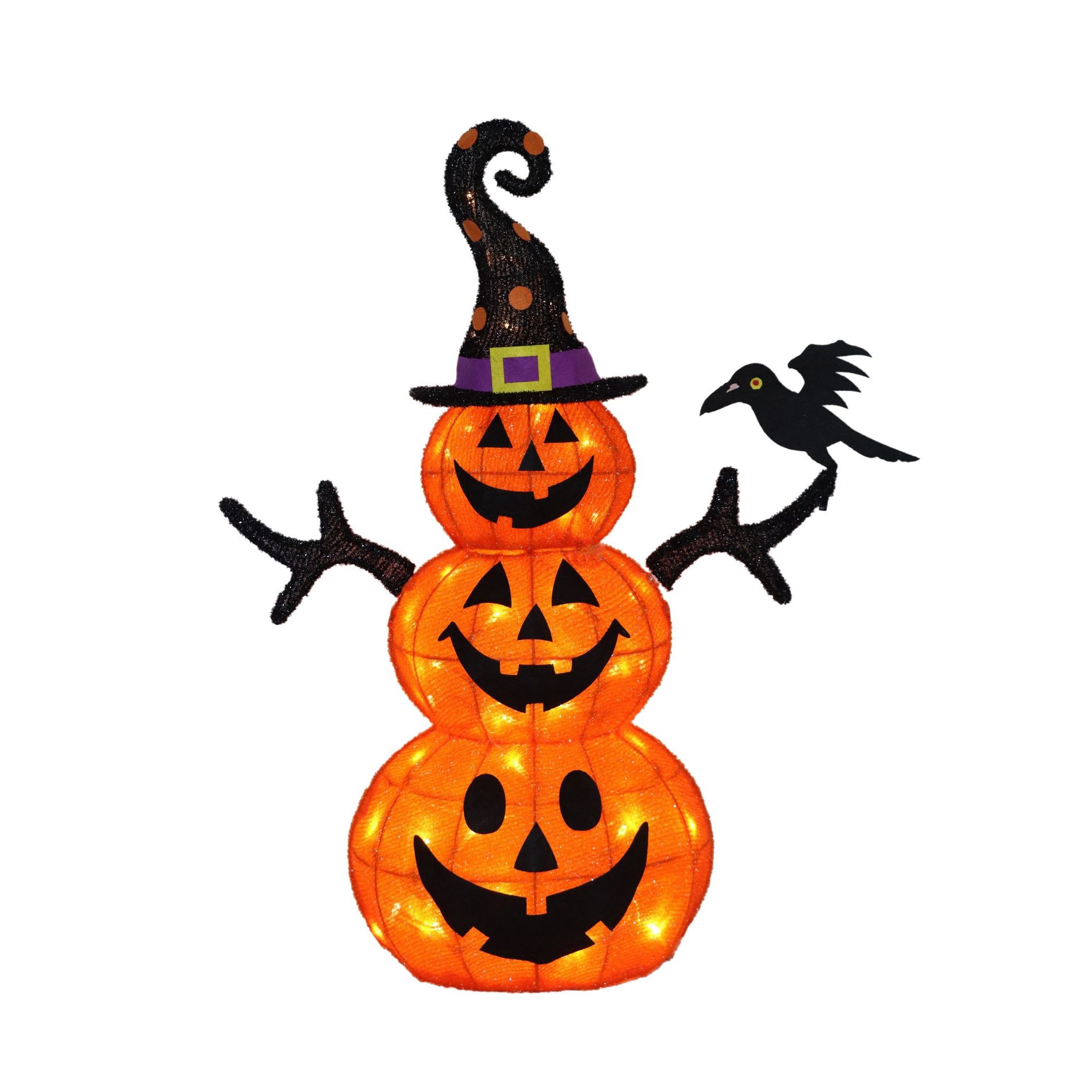 Season's Designs 27" Stack of 3 Orange Halloween Jack-o-Lantern Pumpkins, Modern, Ground Freestanding, Indoor/Outdoor, Polyester, Warm White LED