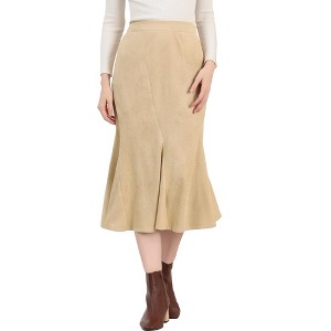Allegra K Women's Faux Suede A-Line Elastic Back Hidden Side Zip Retro Work Fall Midi Skirt - 1 of 4
