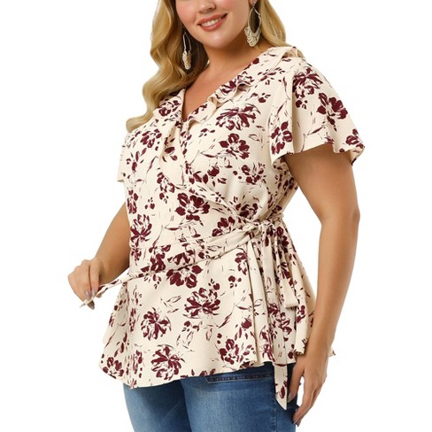 Agnes Orinda Women's Plus Size Relaxed Fit Ruffle Neck Floral Wrap Tie  Waist Blouse Beige 1x : Target