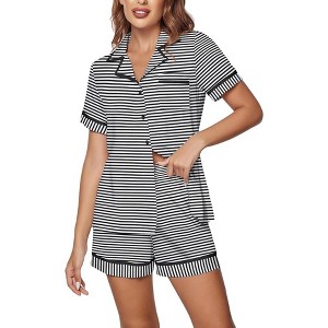 Ekouaer Women's Pajama Sets 2 Piece Short Sleeve Button Down Tops and Pants Pj Set V Neck Sleepwear Loungewear Chest Pocket - 1 of 4