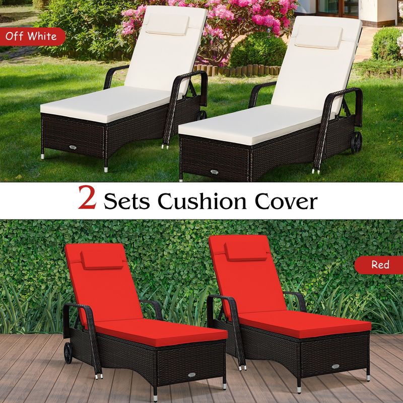 Patio Rattan Lounge Chair Chaise Recliner Adjust Cushion Red & Off White Cover, 5 of 11