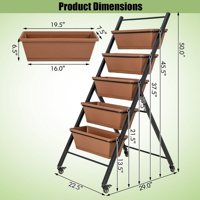 Costway 5-Tier Vertical Raised Garden Bed Elevated Planter with Wheels & Container Boxes Brown, 3 of 13