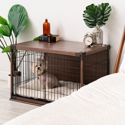 Medium Brown Wooden Dog Crate with Wire Sides
