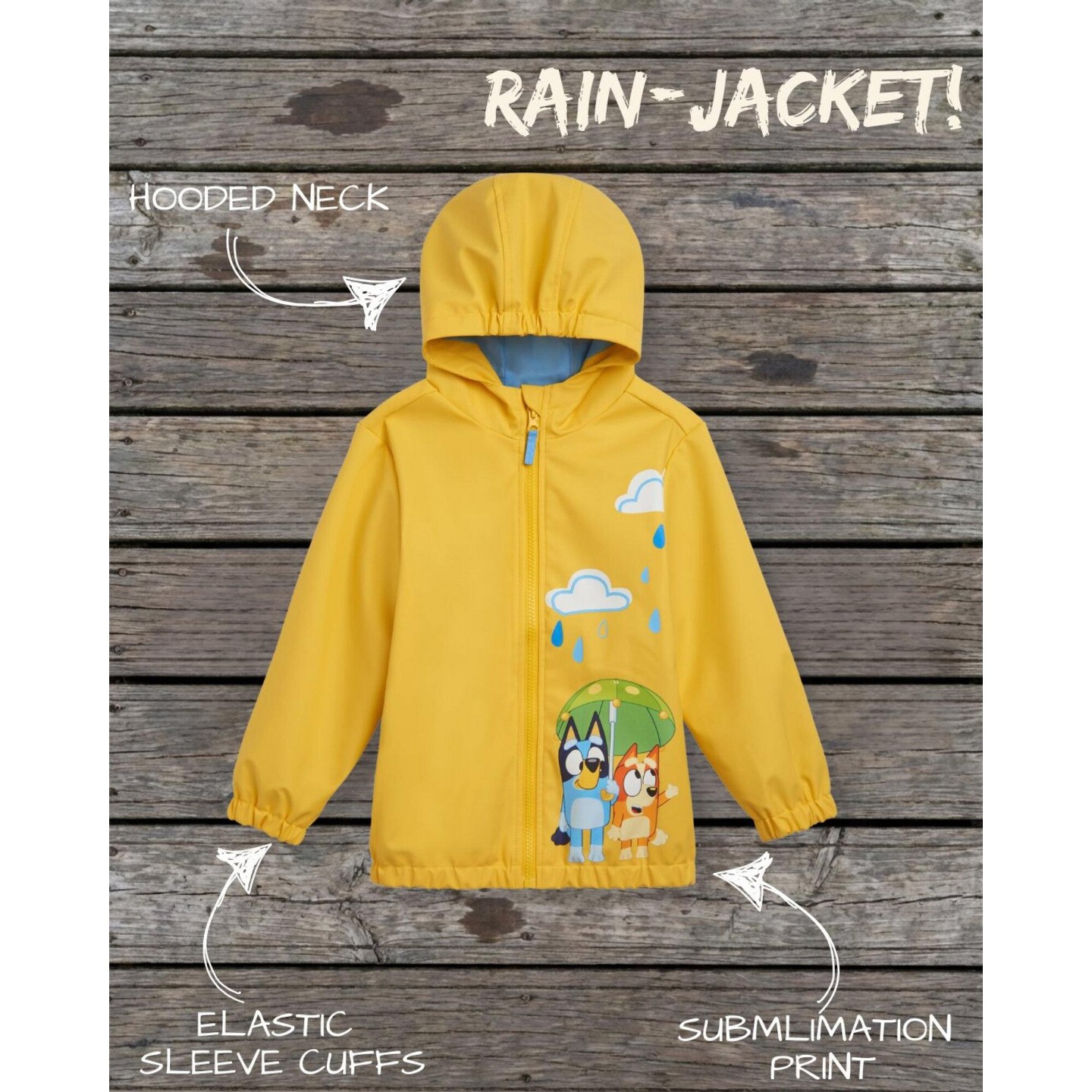 Детская куртка Bluey Boy or Girl Graphic Zip-Up Hooded Rain Jacket Yellow, цвет: Жёлтый — фото 6
