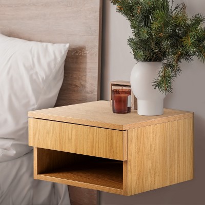 Light Oak Mid-Century Modern Floating Nightstand with Drawer