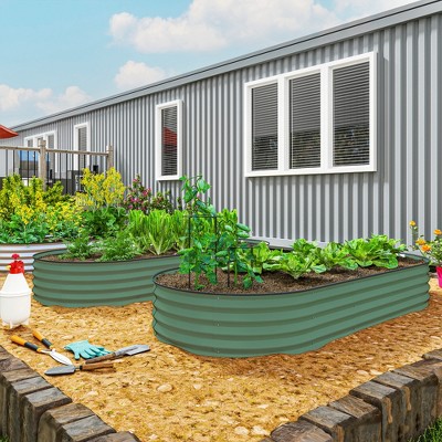 Green Galvanized Steel Raised Garden Bed Set with Metal Plant Stakes