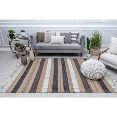 Handmade Black and Beige Wool Stripe Area Rug
