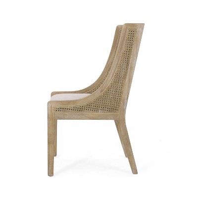 Beige Upholstered Cane and Wood High Back Side Chair Set