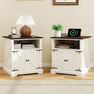 MUUEGM 24" Farmhouse End Table| Wood Rustic Nightstand Bedside Table with Charging Station and Barn Door - 1 of 4