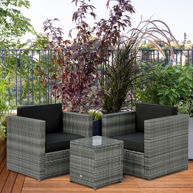 Outsunny 3 Piece Wicker Bistro Patio Set for 2, Rattan Porch Chairs, Cushions, Glass Side table, Garden or Balcony Furniture Conversation Set, 3 of 7