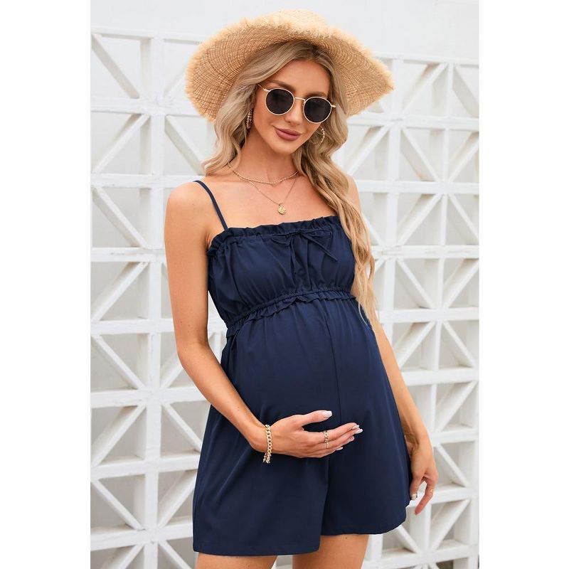 Maternity Sleeveless Rompers Summer Spaghetti Strap Casual Jumpsuit Ruffle Short Romper Overalls With Pockets, 3 of 8