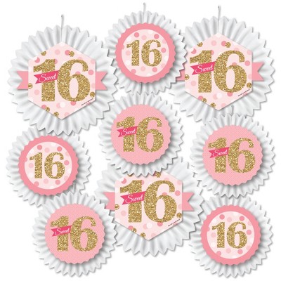 Big Dot of Happiness Sweet 16 - Hanging 16th Birthday Party Tissue Decoration Kit - Paper Fans - Set of 9