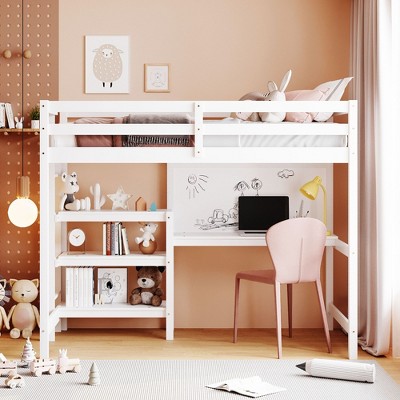 NicBex Twin Size Bunk Bed with Desk Loft Bed Pine Bed Frame with Writing Board, 3 Shelves, Ladder and Guardrail, No Box Spring Required