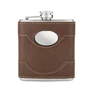 Twine Bootlegger Metal Flask - Leather Wrap Stainless Steel Flask with Lift Cap, Liquor Whiskey Drinking Metal Container, Novelty Flask - 6oz, Brown - 1 of 4