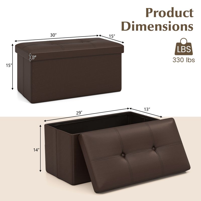 Costway Folding Storage Ottoman Upholstered Rectangle Footstool PVC Leather 22.5 Gallon Black/Brown/White, 3 of 11