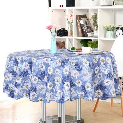 70" Dia Round Vinyl Water Oil Resistant Printed Tablecloths Blue Daisy - PiccoCasa