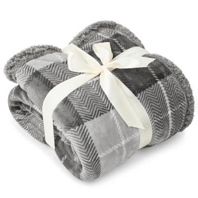 Light Gray Plaid Sherpa Fleece Twin Throw Blanket