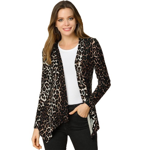 Allegra K Women's Open Front Long Sleeves Leopard Prints Cardigan Brown  Large : Target