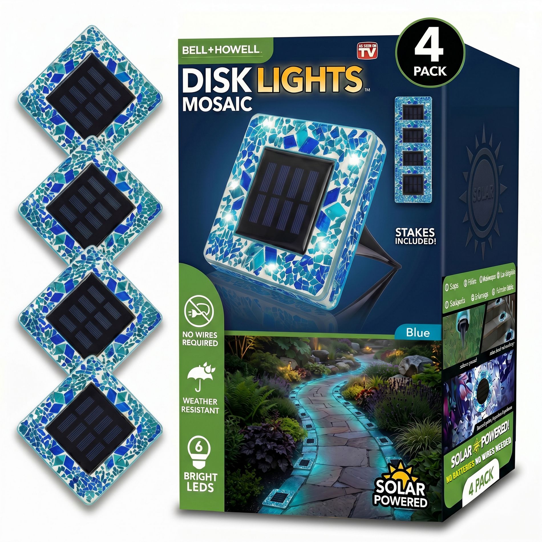 Bell + Howell Mosaic 4 Pack Solar Powered Weather Resistant LED Disk Pathway Garden Patio Lights