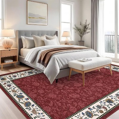 Area Rugs for Living Room Washable Vintage Floral Print Large Bedroom Rugs Indoor Modern Geometric Bordered Rug