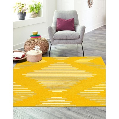 Kai Yellow and White Geometric Stain-Resistant Square Rug