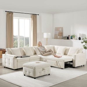 Whisen Chenille Sectional Pull-Out Sofa Bed with Flip-Up Table, Adjustable Reading Lamp, Charging Ports, Movable Storage Ottoman - 1 of 4