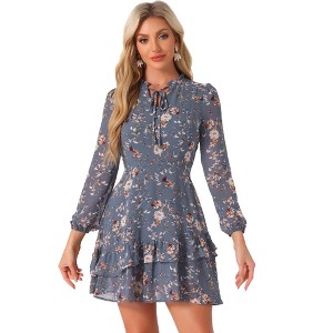 INSPIRE CHIC Women's Summer Floral Layered Tie V-Neck Semi-Sheer Long Sleeve Mini Dress - 1 of 4