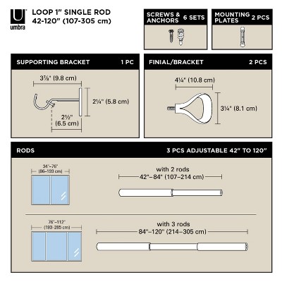 Matte Black Adjustable Loop Curtain Rod 42-120 Inch