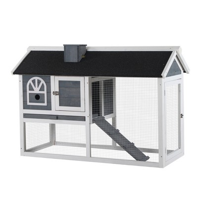 PawHut 47"L Rabbit Hutch Outdoor Bunny Cage with Waterproof Roof, Removable Tray, and Ramp, Gray & White