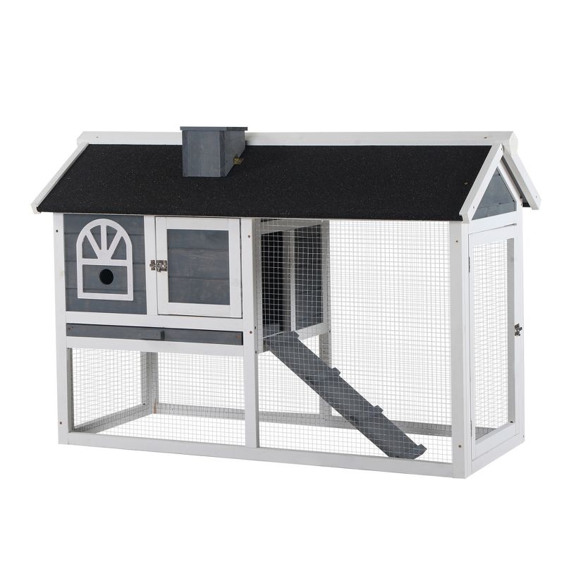 PawHut 47"L Rabbit Hutch Outdoor Bunny Cage with Waterproof Roof, Removable Tray, and Ramp, Gray & White, 1 of 8