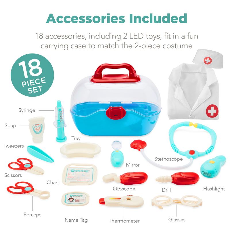 Best Choice Products Pretend Play Doctor Kit, Boys & Girls Doctor Outfit w/ 18 Accessories, Coat, Hat, Carrying Case, 4 of 8
