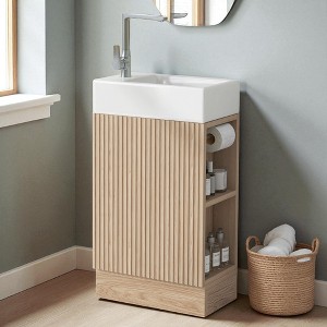 18.6" Bathroom Vanity with Sink – Compact Freestanding Cabinet with Toilet Paper Holder, Storage Shelf, Ceramic Top, Left/Right Configurable, White - 1 of 4