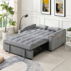 RISOKEYS Velvet Loveseat Futon Sofa Couch - 3 in 1 Convertible Sofa Bed with Adjustable Reclining Backrest, Toss Pillows, Pockets for Living Room - 1 of 4