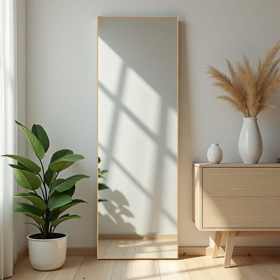 64"x21" Full-length Rectangle Floor Mirror with Brackets, Aluminum Alloy Frame and Tempered Glass Surface, Gold