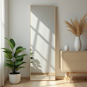 64"x21" Full-length Rectangle Floor Mirror with Brackets, Aluminum Alloy Frame and Tempered Glass Surface, Gold - 1 of 4