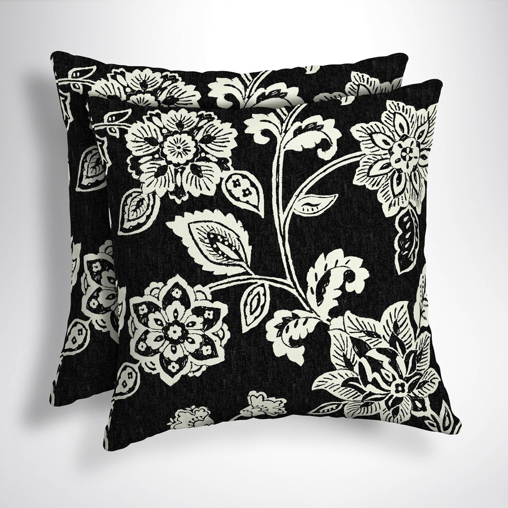 Photos - Pillow Arden 2pk 16"x16"  Outdoor Square Throw  Ashland Black Jacobean: Canvas Polyester, Botanical Pattern, Patio Decor 