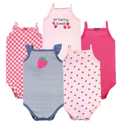 Hudson Baby Infant Girl Cotton Sleeveless Bodysuits, Pink Strawberry, 3-6 Months