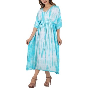 LA LEELA Women's House Daily Routine Evening Wear Loungewear Maxi Kaftan Ethnic Casual Long Slit Dress Caftan Dresses for Women 1X-2X Blue,Tie Dye - 1 of 4
