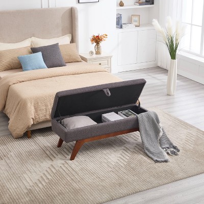 CAVINAS Rectangular Teddy Fabric Storage Ottoman Bench with Solid Wood Feet,Upholstered Storage Ottoman,Storage Benches for Living Room,Bedroom